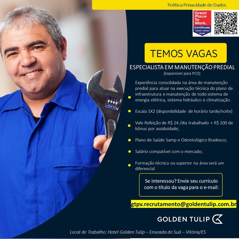 GOLDEN TULIP CONTRATA ESPECIALISTA EM MANUTENÇÃO PREDIAL