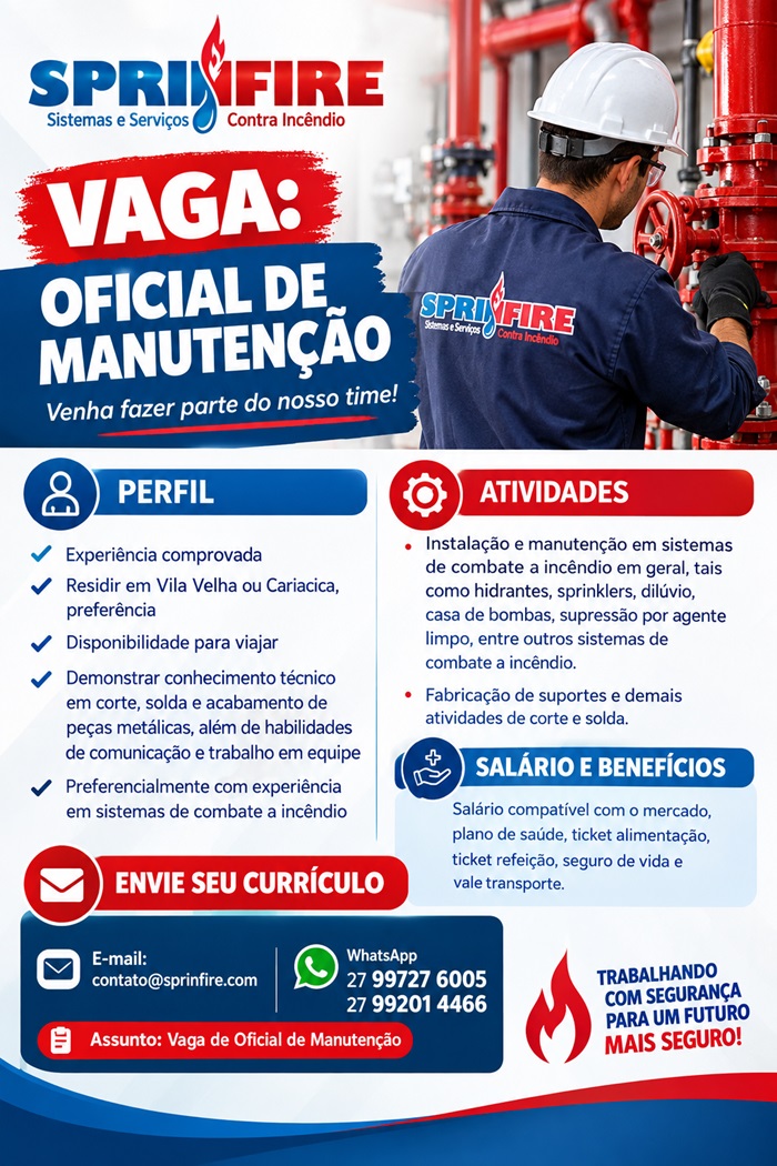 Sprinfire contrata Oficial de Manutenção