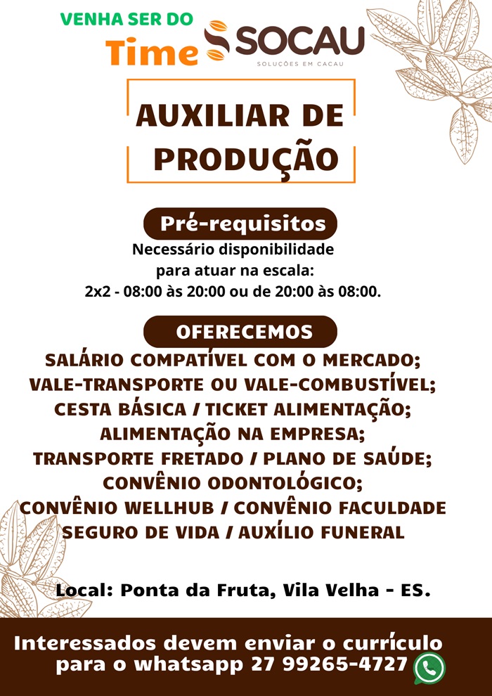Socau contrata Auxiliar de Produção