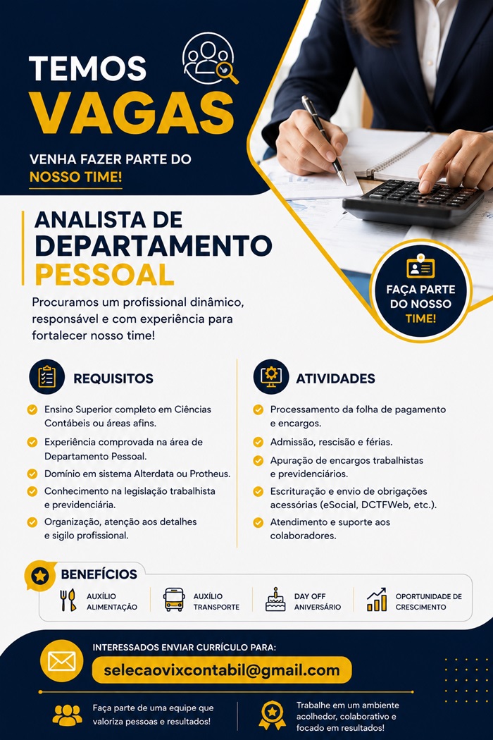 VAGA DE ANALISTA DE DEPARTAMENTO PESSOAL