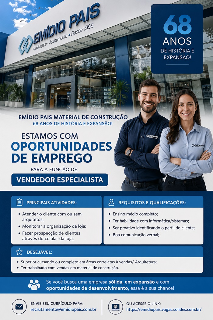 Emídio Pais Material de Construção contrata Vendedor Especialista