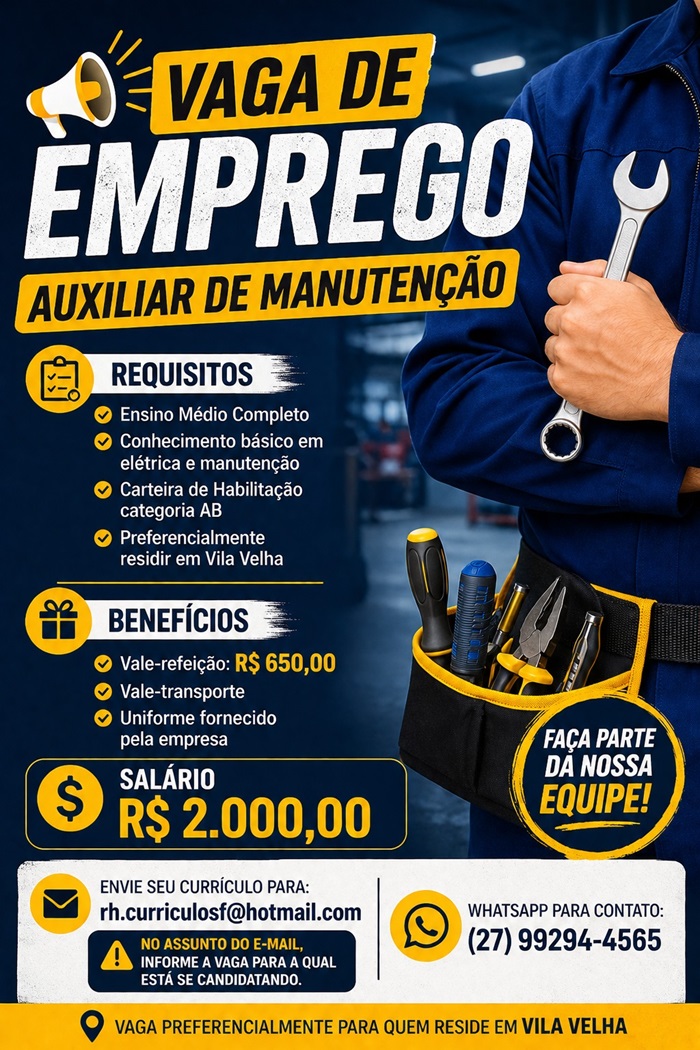 Vaga para Auxiliar de Manutenção | Vila Velha