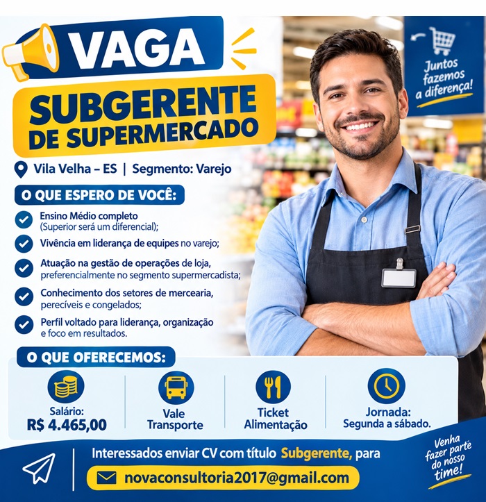 Vaga para Subgerente de Supermercado