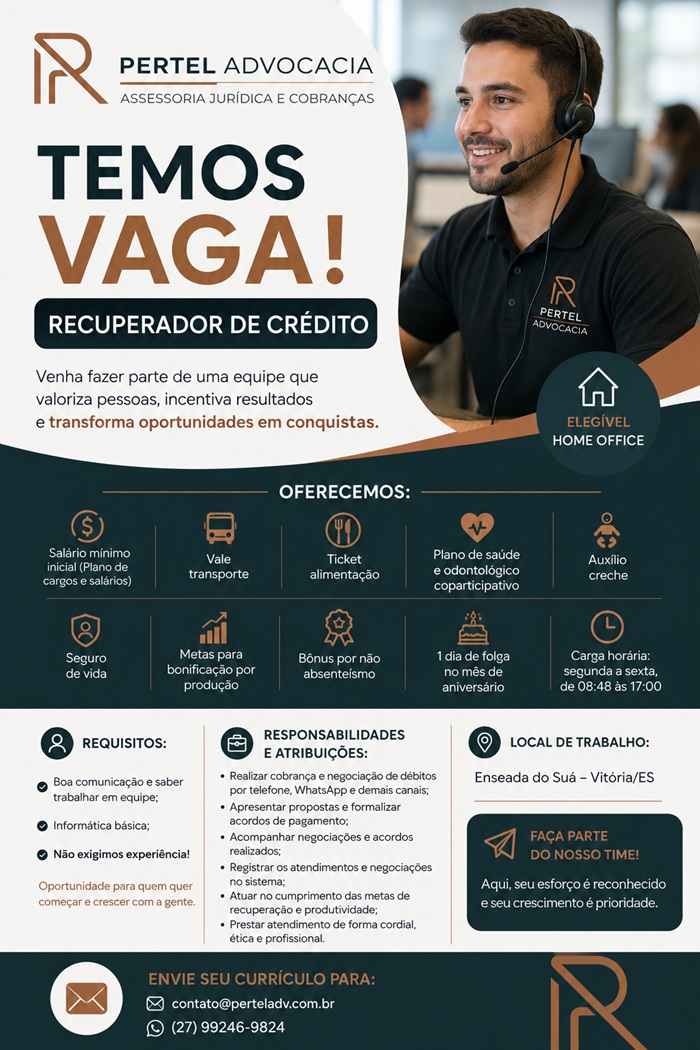 Oportunidade de Emprego – Agente de Cobrança (Recuperador de crédito).