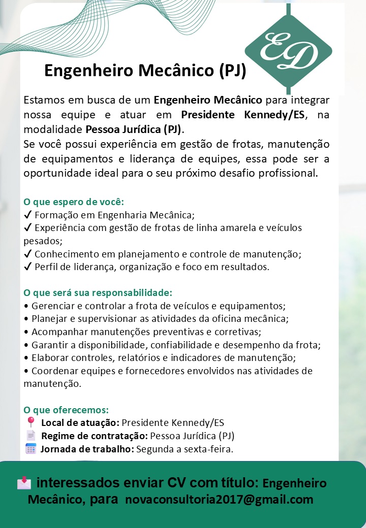 Vaga para Engenheiro Mecânico (PJ)