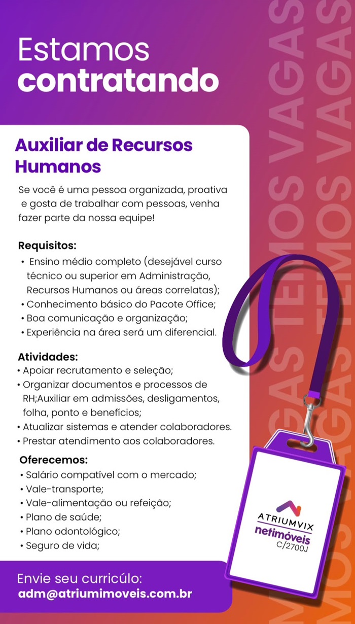 AtriumVix contrata Auxiliar de Recursos Humanos