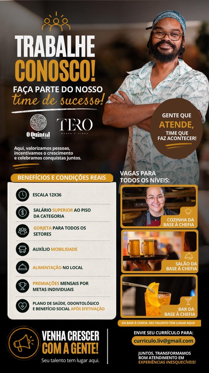 Faça parte do nosso time de sucesso! O Quintal Parrilla Bar e Tiro Brasa & Vinho estão contratando!