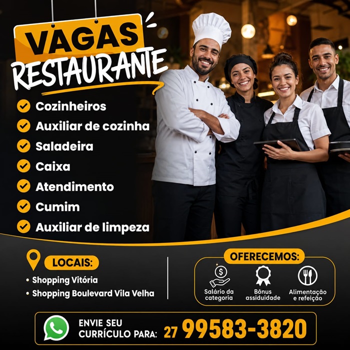 Restaurante abre oportunidades para diversos cargos