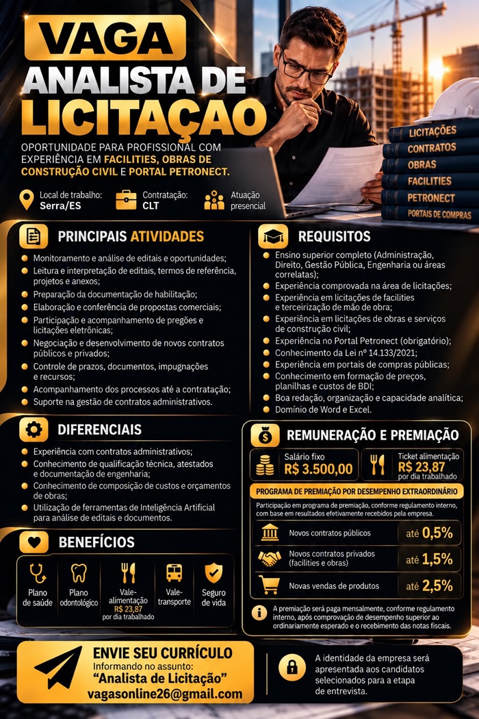 VAGA PARA ANALISTA DE LICITAÇÃO