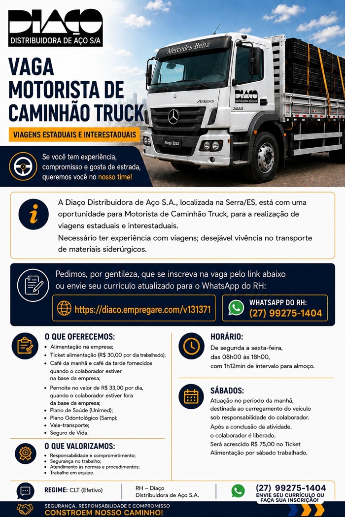DIAÇO Distribuidora de Aço contrata  Motorista de Caminhão Truck