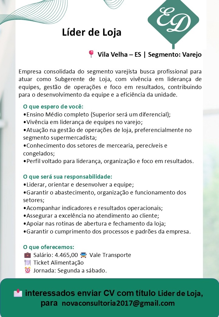 Vaga para Líder de Loja