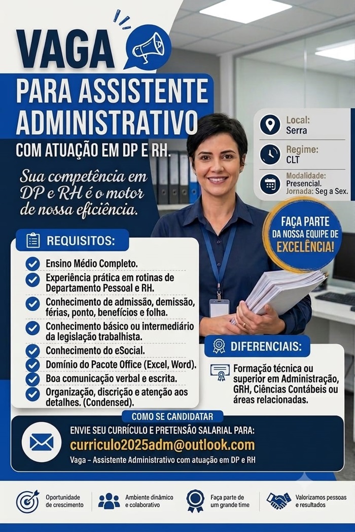 Vaga para Assistente Administrativo(a) com atuação em DP e RH