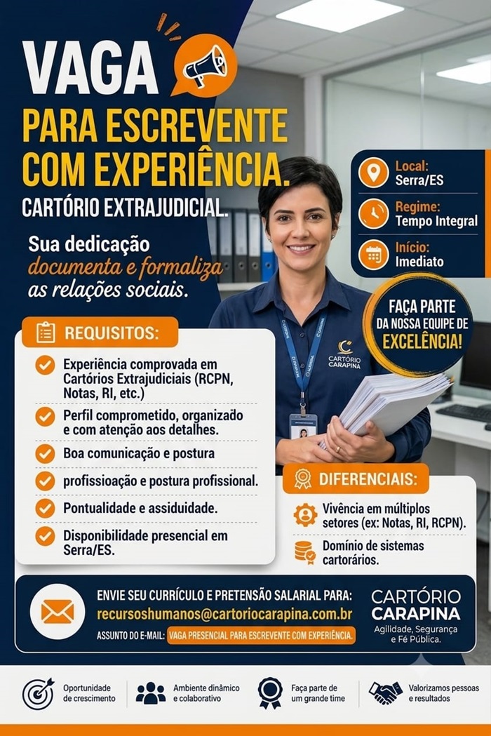 ESCREVENTE COM EXPERIÊNCIA – CARTÓRIO EXTRAJUDICIAL