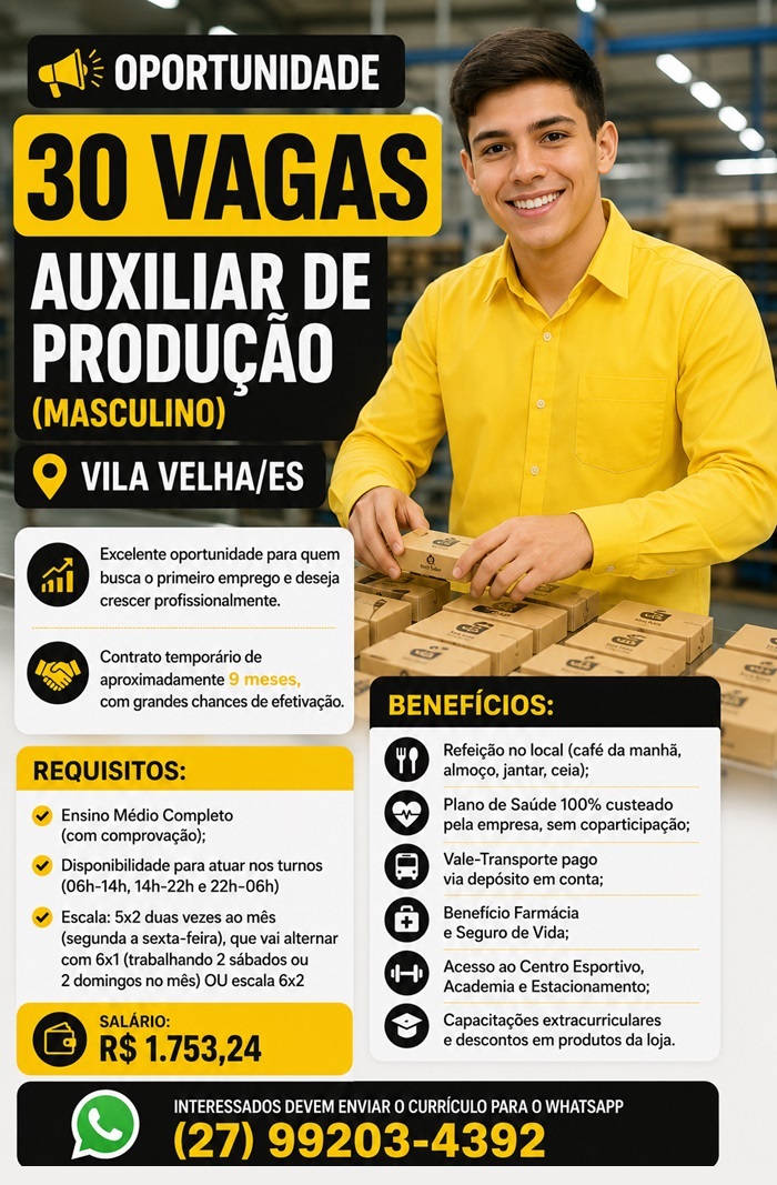 30 Vagas para Auxiliar de Produção (Masculino) – Vila Velha/ES