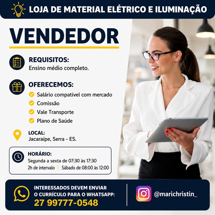 Loja de Material Elétrico e Iluminação Contrata Vendedor