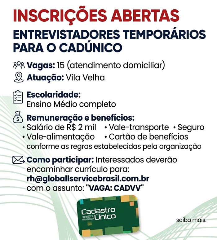 Vagas para Entrevistadores Temporários do CadÚnico