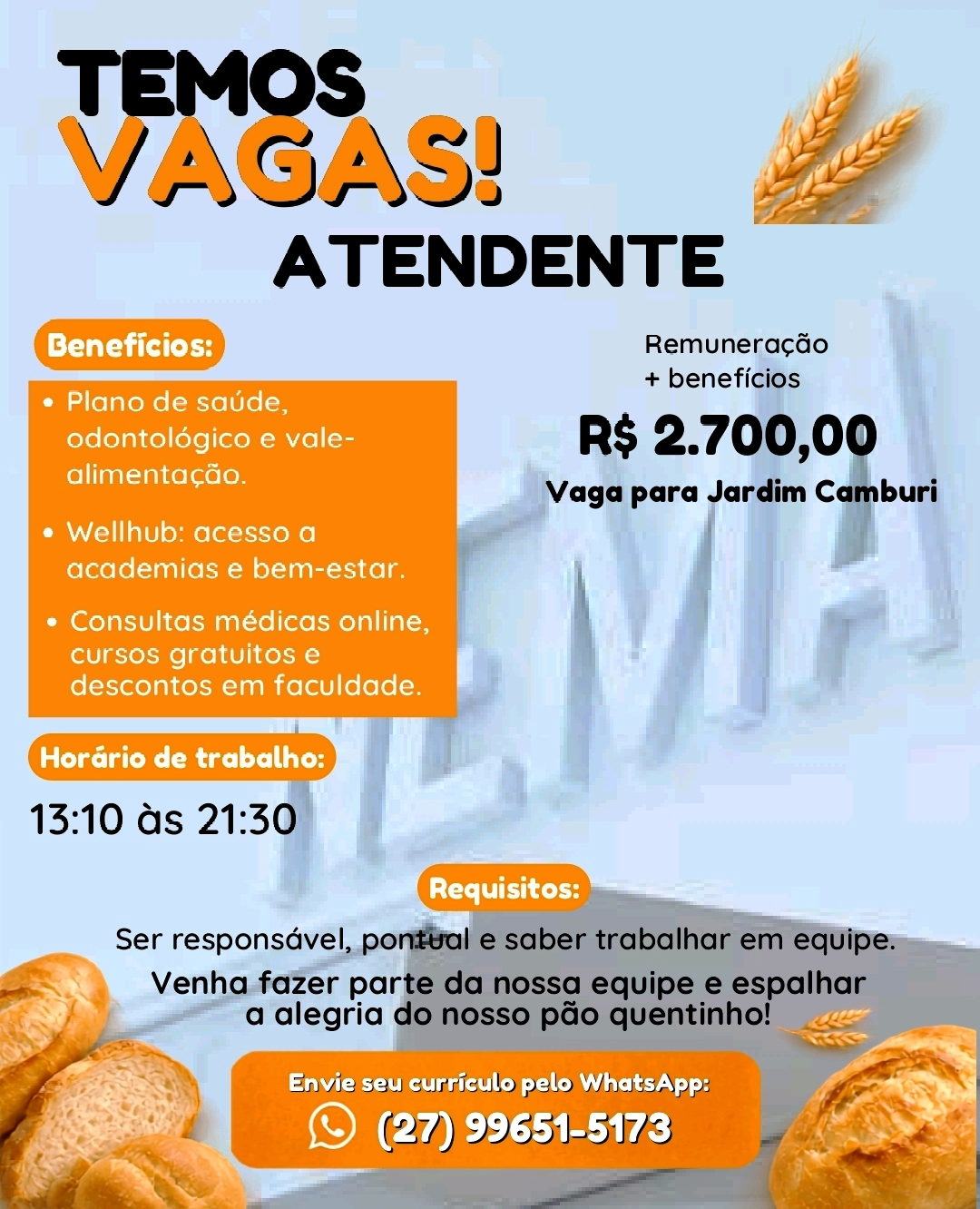 Vaga para Atendente de Padaria | Jardim Camburi