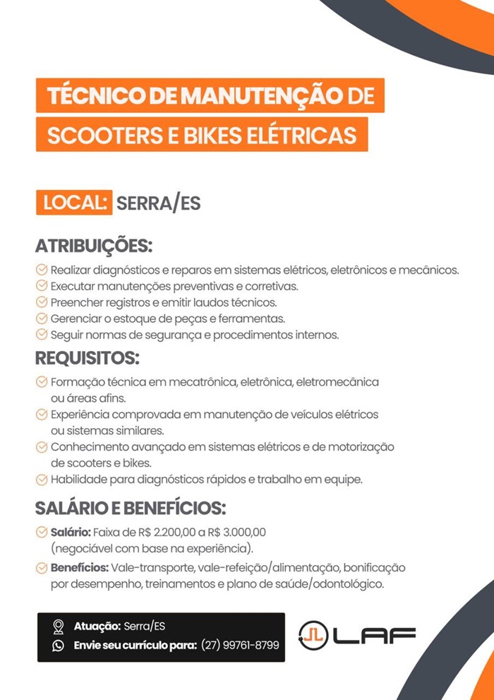 LAF CONTRATA TÉCNICO DE MANUTENÇÃO DE SCOOTERS E BIKES ELÉTRICAS