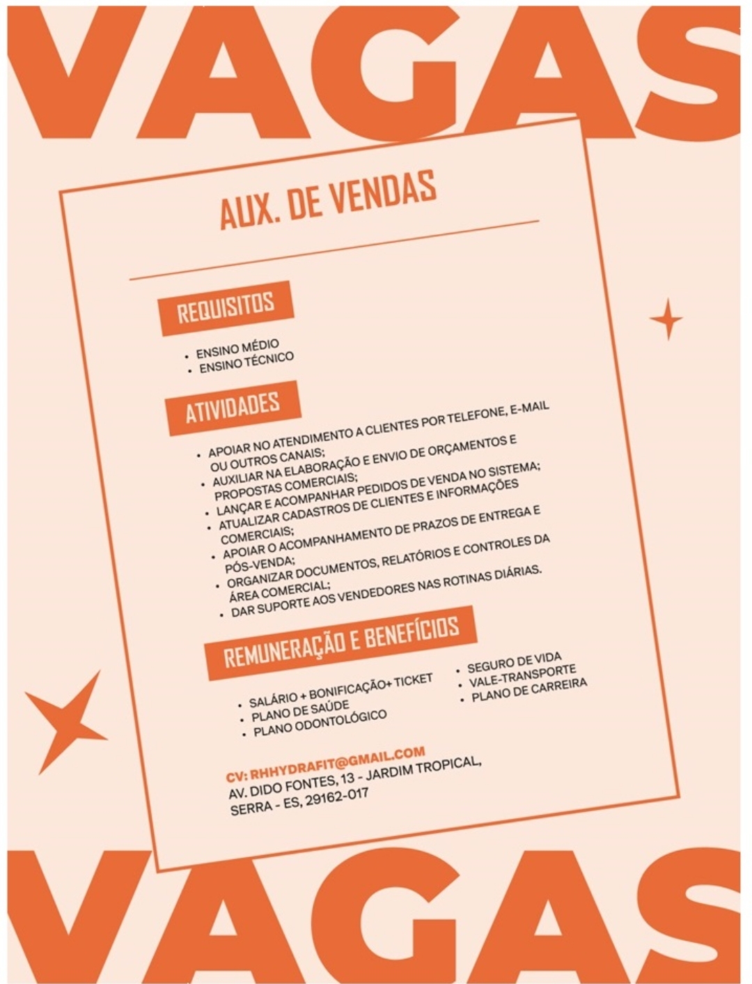Vaga para Auxiliar de Vendas - Jardim Tropical, Serra/ES