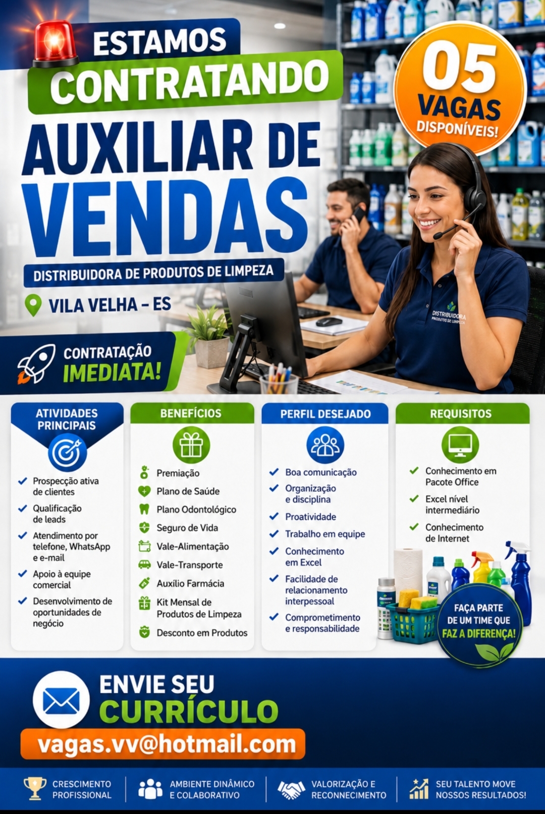Distribuidora de produtos de limpeza contrata Auxiliar de Vendas
