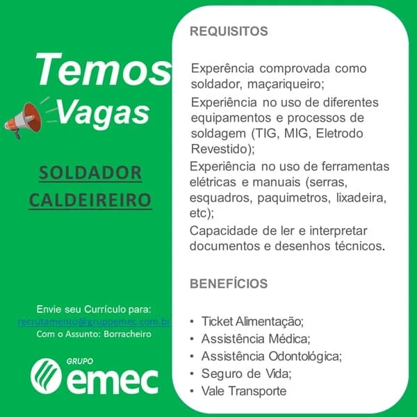 GRUPO EMEC CONTRATA SOLDADOR CALDEIREIRO