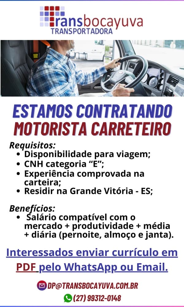 Transbocayuva contrata Motorista Carreteiro