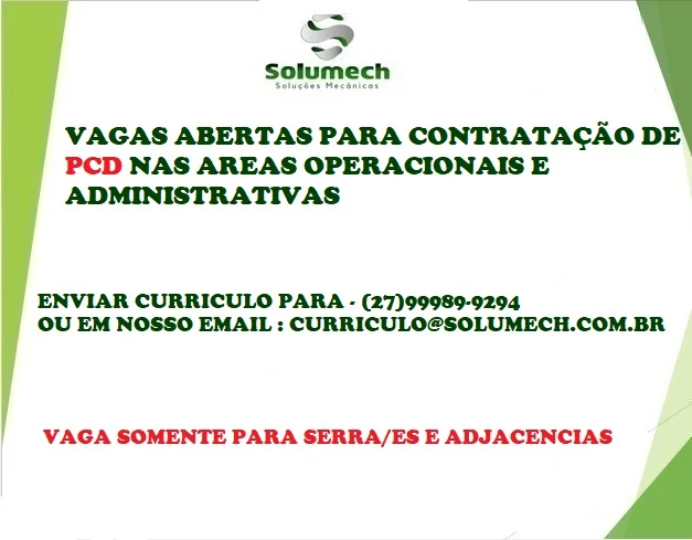 VAGAS PARA DE PCD'S EM ÁREAS OPERACIONAIS E ADMINISTRATIVAS