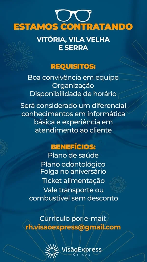 Óticas Visão Express contrata Auxiliar de Vendas