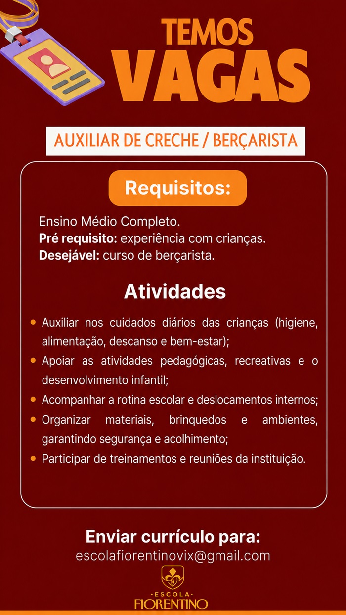 Vaga para Auxiliar de Creche / Berçarista
