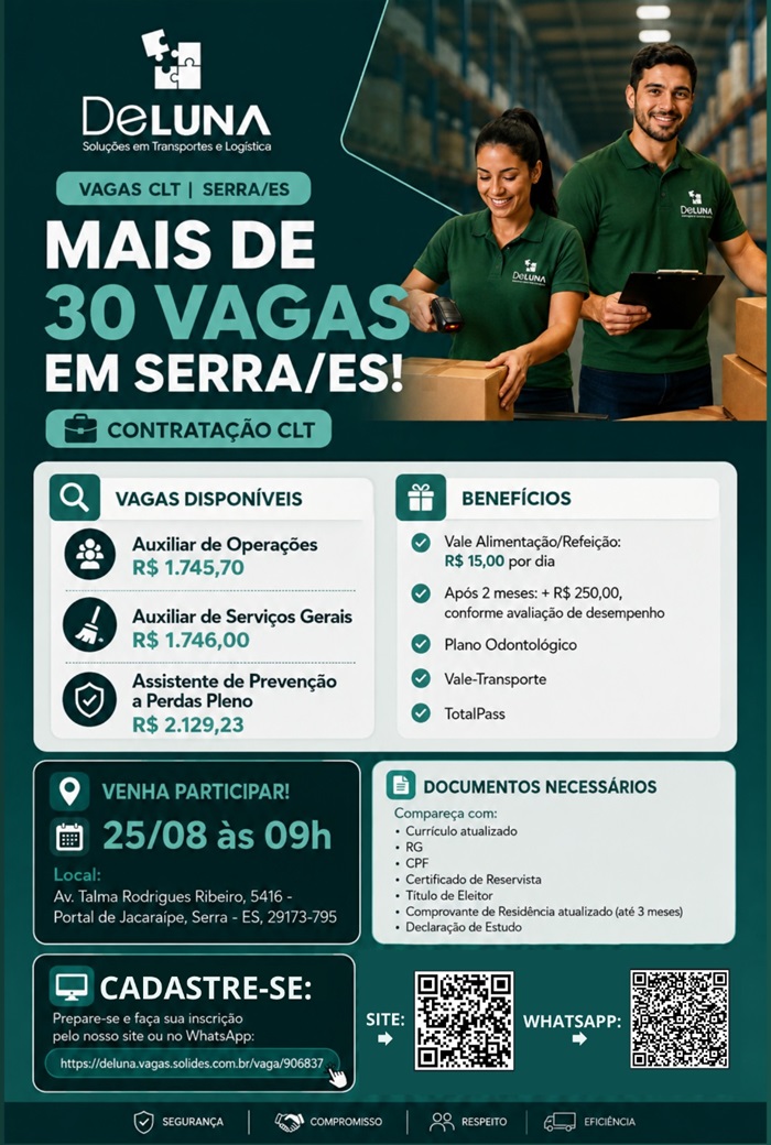 MAIS DE 30 VAGAS EM SERRA/ES | AUXILIAR DE OPERAÇÕES