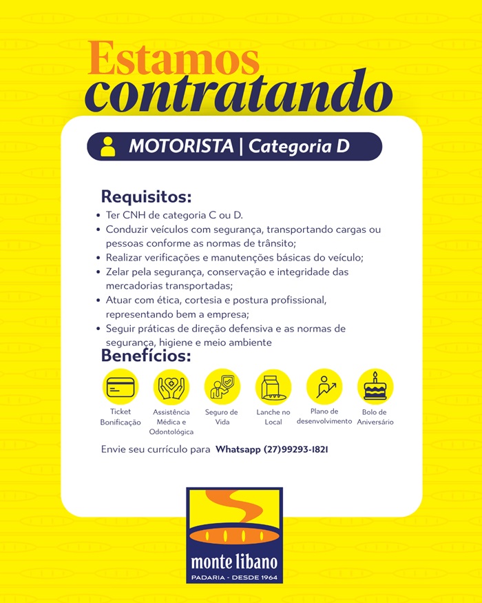 Padaria Monte Libano contrata Motorista | Categoria D