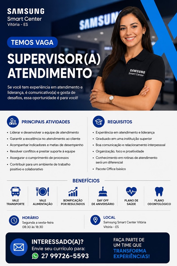 Samsung Smart Center contrata Supervisor(a) Atendimento