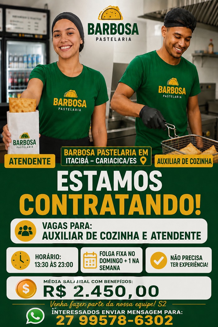Barbosa Pastelaria contrata Auxiliar de Cozinha e Atendente