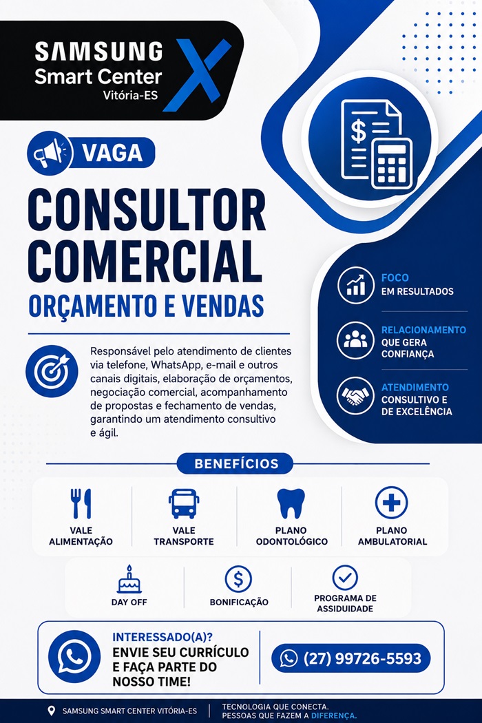 Samsung Smart Center contrata Consultor Comercial - Orçamento e Vendas