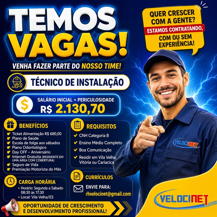VAGAS PARA TÉCNICO DE INSTALAÇÃO