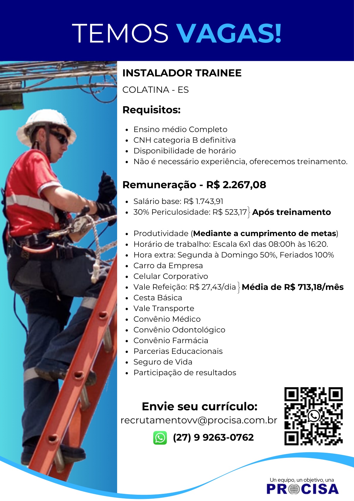 Vaga para Instalador Trainee | Colatina - ES