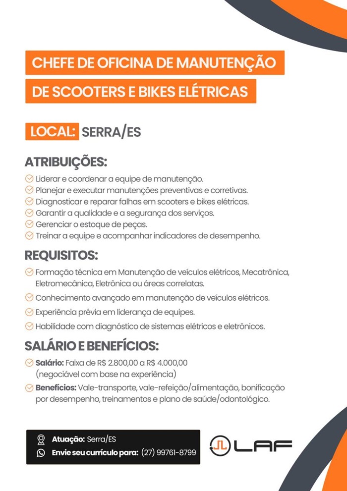 LAF CONTRATA CHEFE DE OFICINA DE MANUTENÇÃO DE SCOOTERS E BIKES ELÉTRICAS