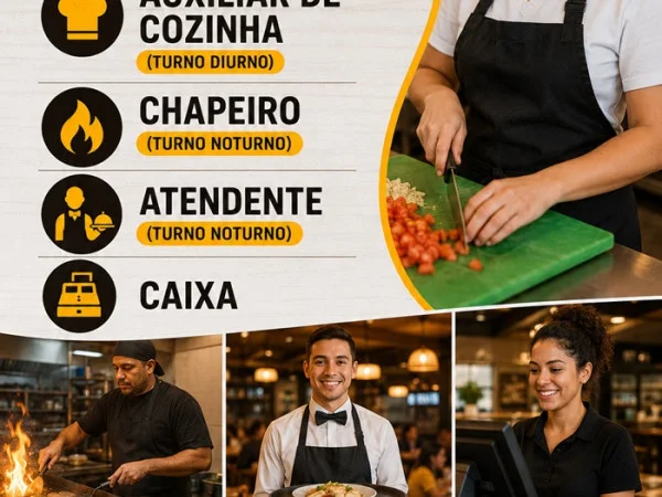 Vagas para Auxiliar de Cozinha, Chapeiro, Caixa e Atendente
