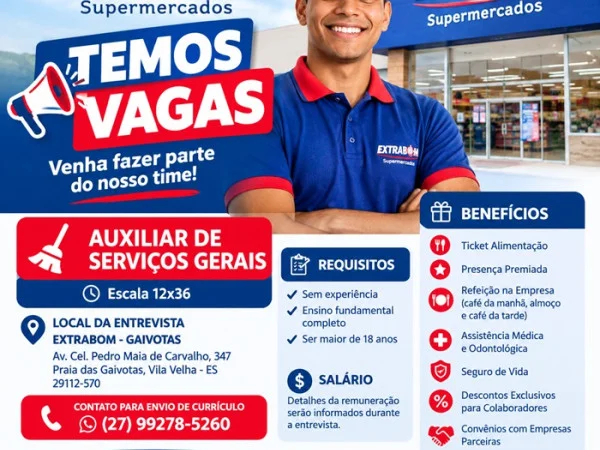 EXTRABOM GAIVOTAS CONTRATA AUXILIAR DE SERVIÇOS GERAIS
