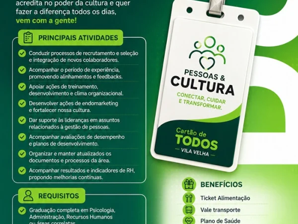 Vaga para Analista de Pessoas e Cultura (Cartão de Todos Vila Velha)