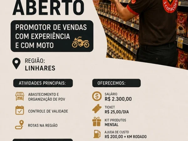 Vaga para Promotor de Vendas (Com Experiência e Moto)
