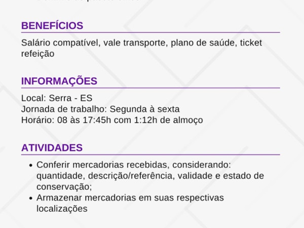Vaga para Auxiliar de Almoxarife