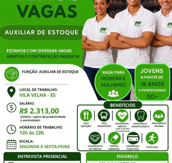 VAGAS PARA AUXILIAR DE ESTOQUE