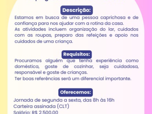 Oportunidade para Empregada Doméstica – Vila Velha