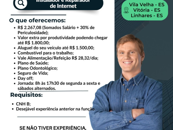 VAGAS PARA INSTALADOR E REPARADOR DE INTERNET