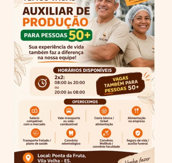 SOCAU abre vagas de Auxiliar de Produção para Pessoas 50+