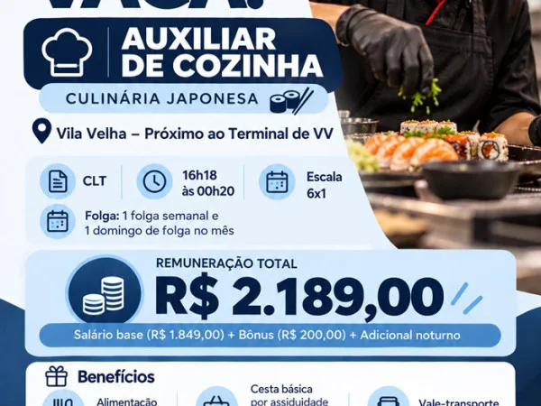 Vaga de Auxiliar de Cozinha – Culinária Japonesa (Vila Velha)