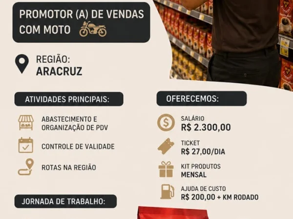 Vaga para Promotor(a) de Vendas com Moto (Aracruz – ES)