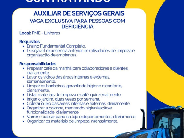 PME Máquinas contrata Auxiliar de Serviços Gerais (Linhares)