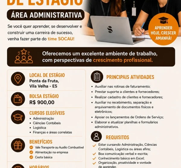 SOCAU SOLUÇÕES EM CACAU ABRE OPORTUNIDADE DE ESTÁGIO